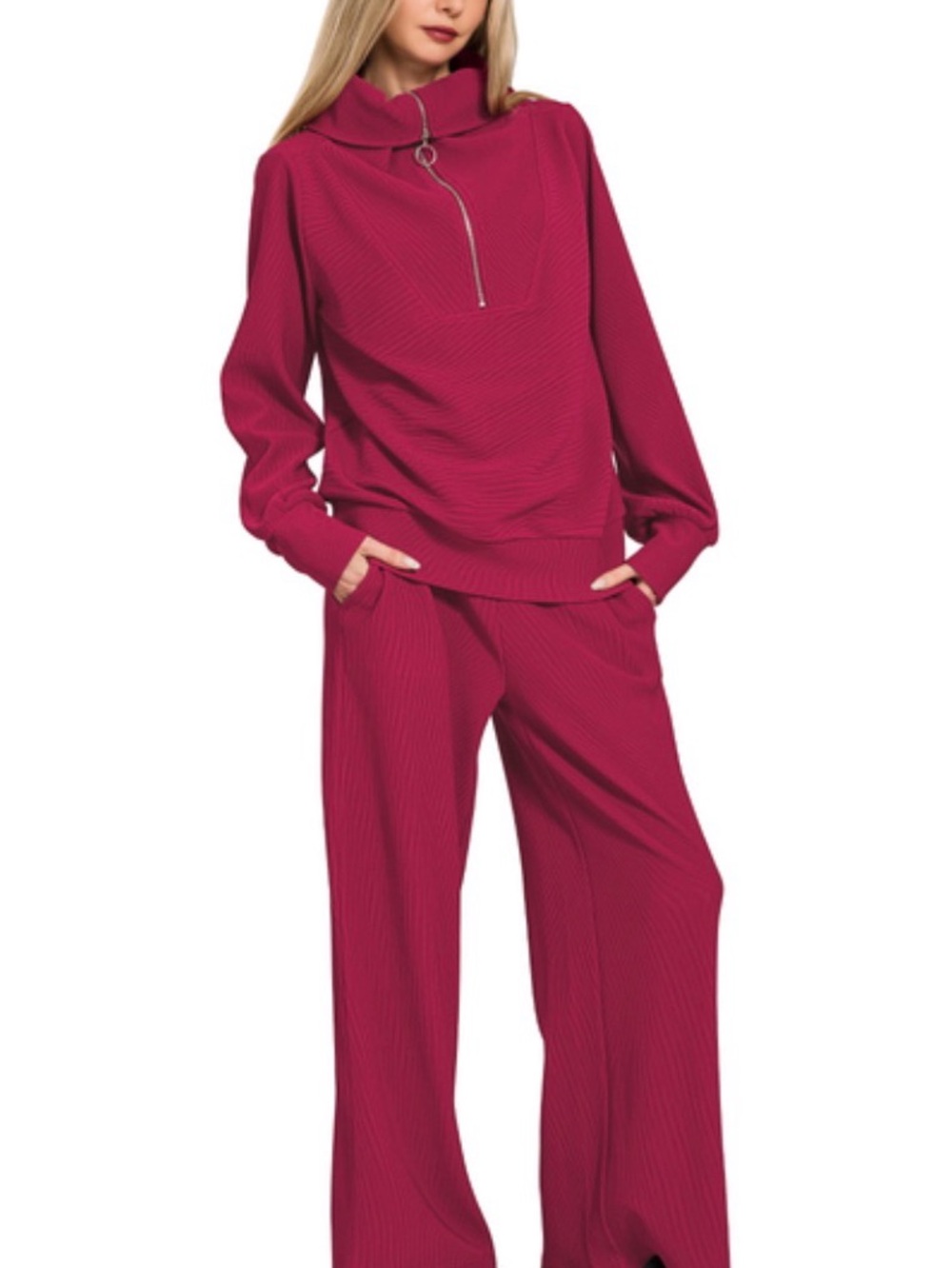 Zenana Premium Ribbed Wide-Leg Lounge Pants & Half Zip Pullover Set — Cabernet - Picture 2 of 2